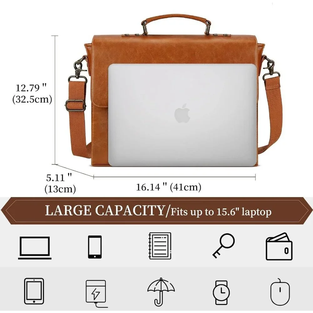 Men's Brown Leather Water repellent Messenger Bag 16.14